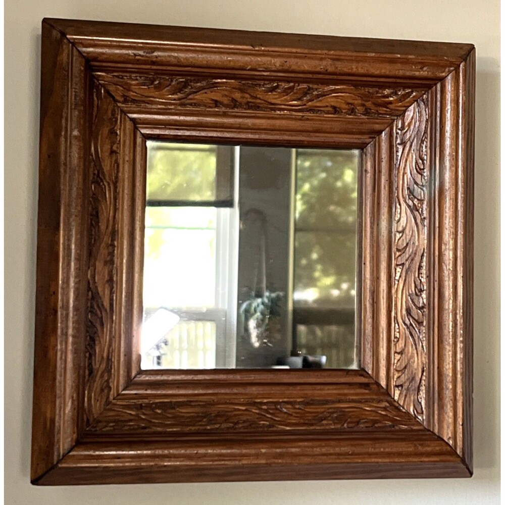 Vintage Rustic Carved Wood Square Accent Mirror Ornate 8.5 x 8.5